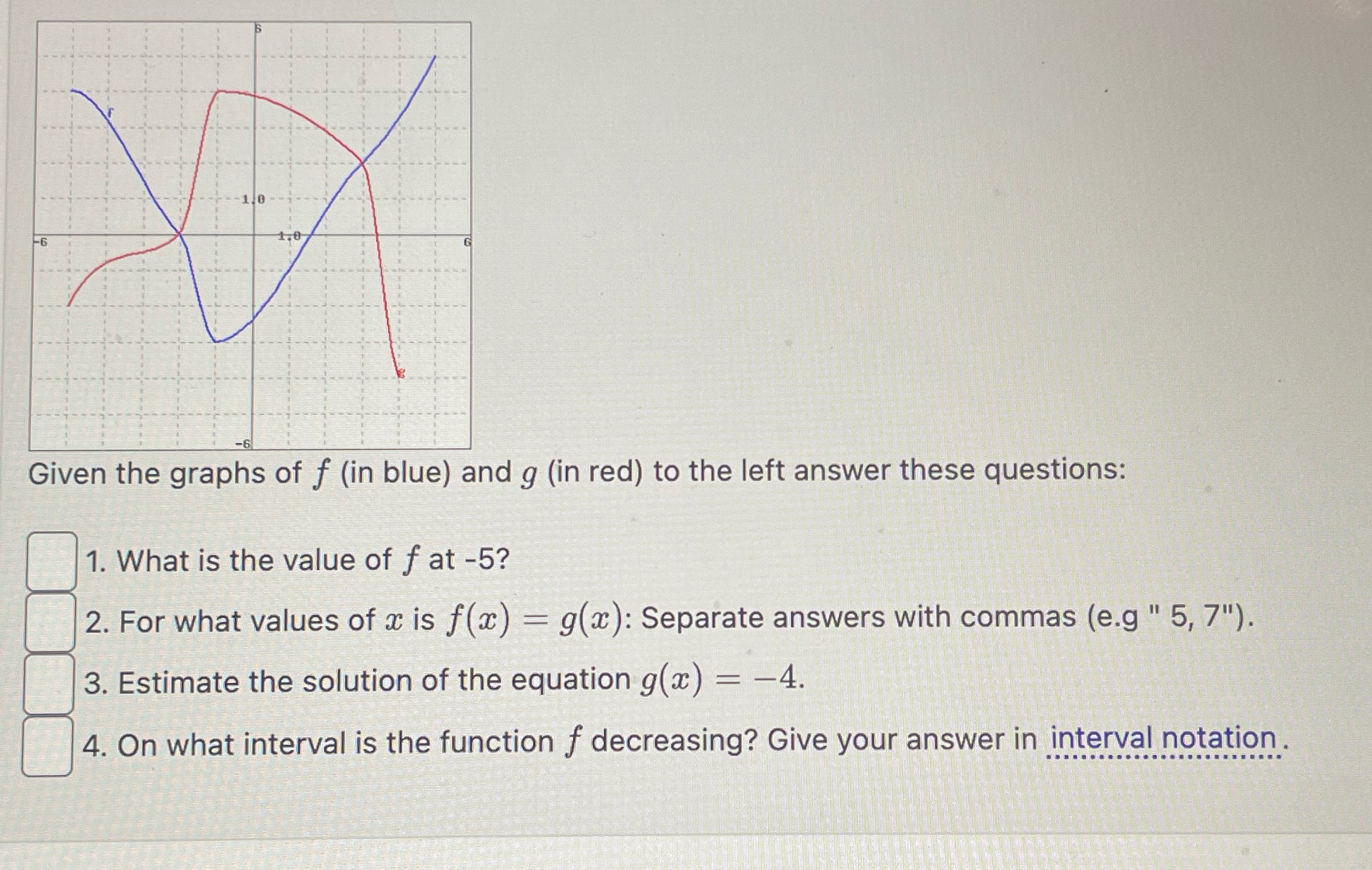 1.0 Given the graphs of f (in blue) and g (in
