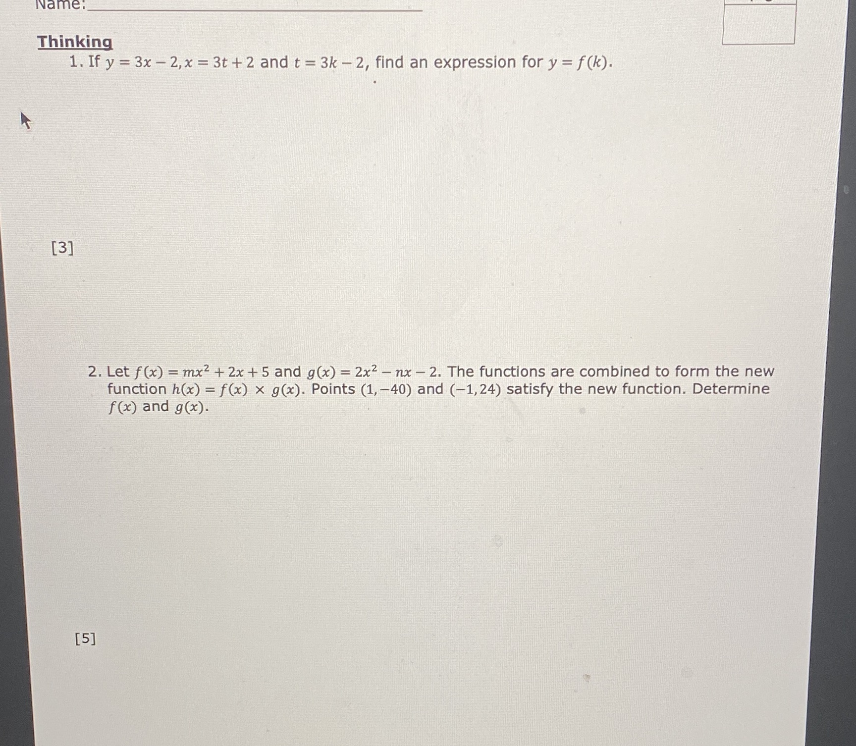 thank yougrade 12 math Name Thinking 1. If y = 3x