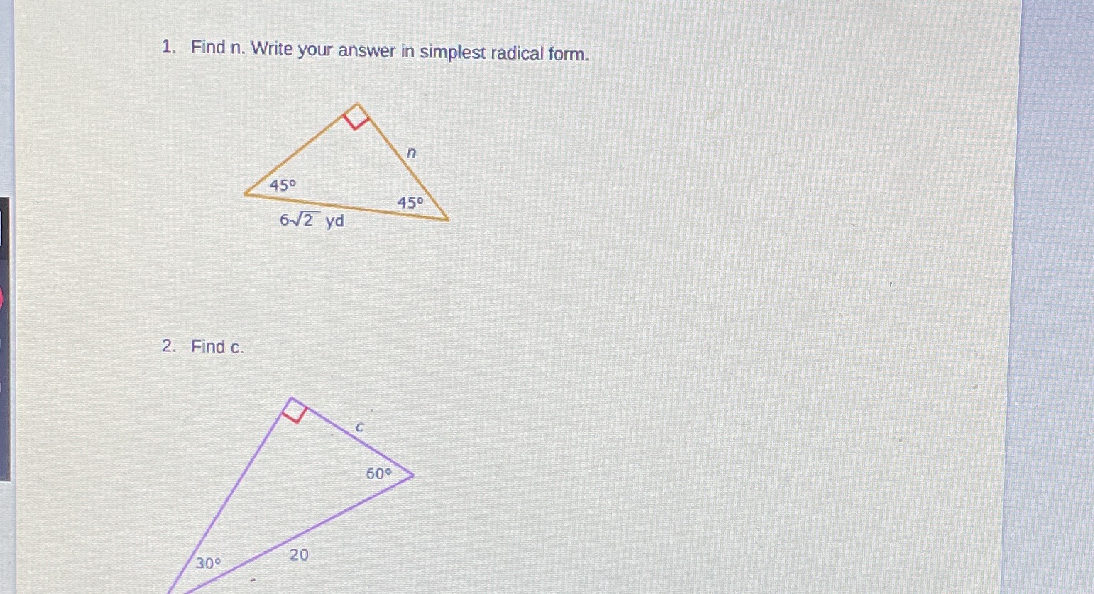 Special right triangles on 1. Find n. Write your