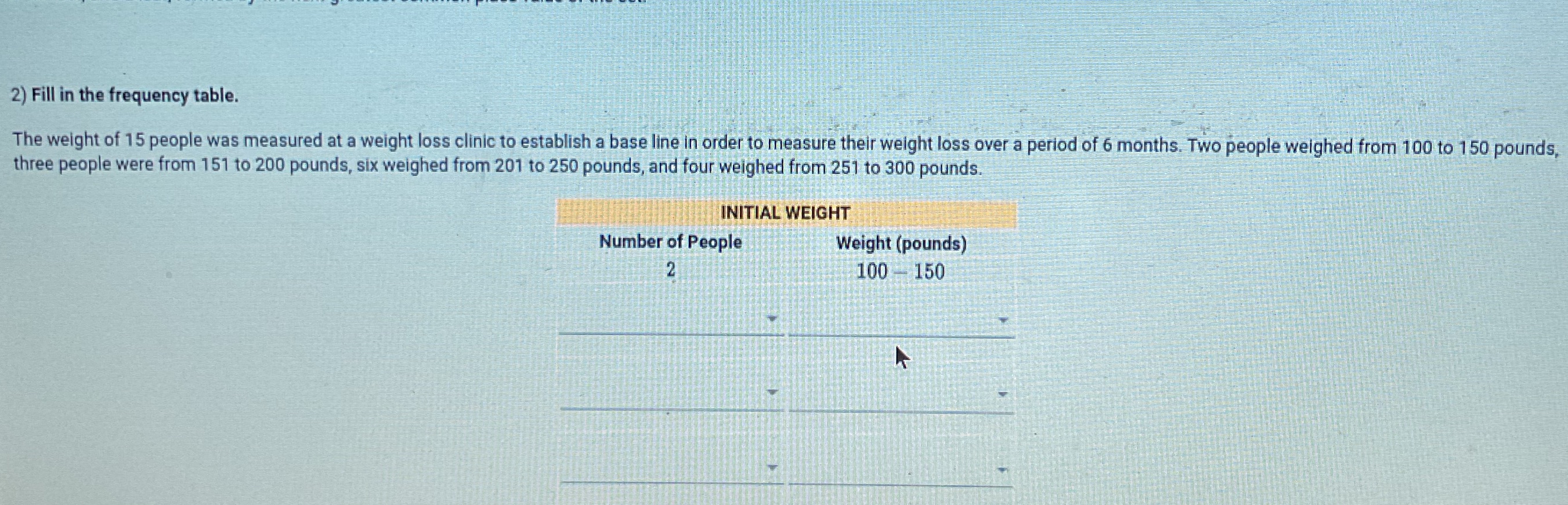 I need help 2) Fill in the frequency table. The