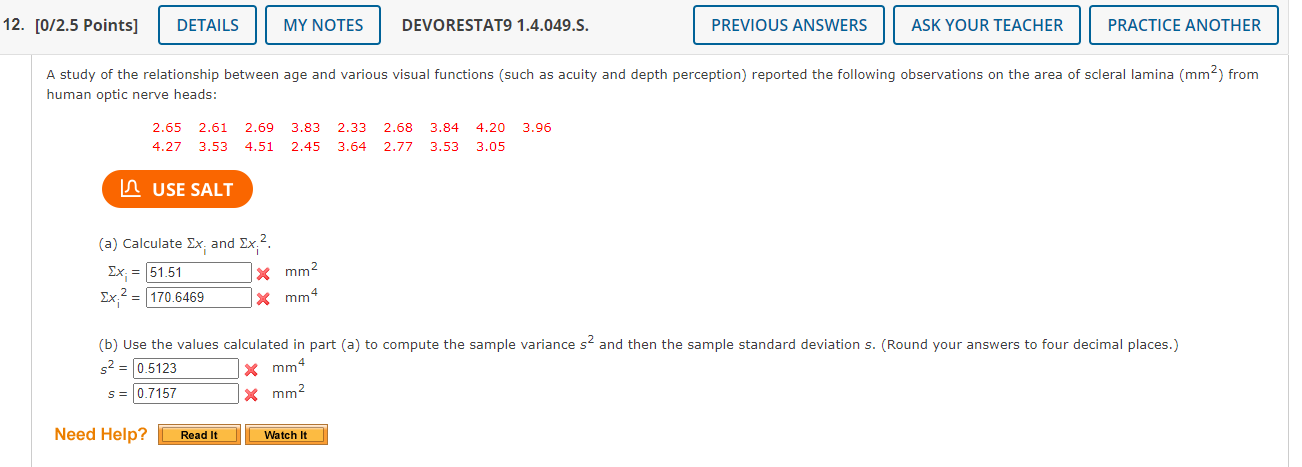 12. [0/2.5 Points] DETAILS MY NOTES DEVORESTAT9