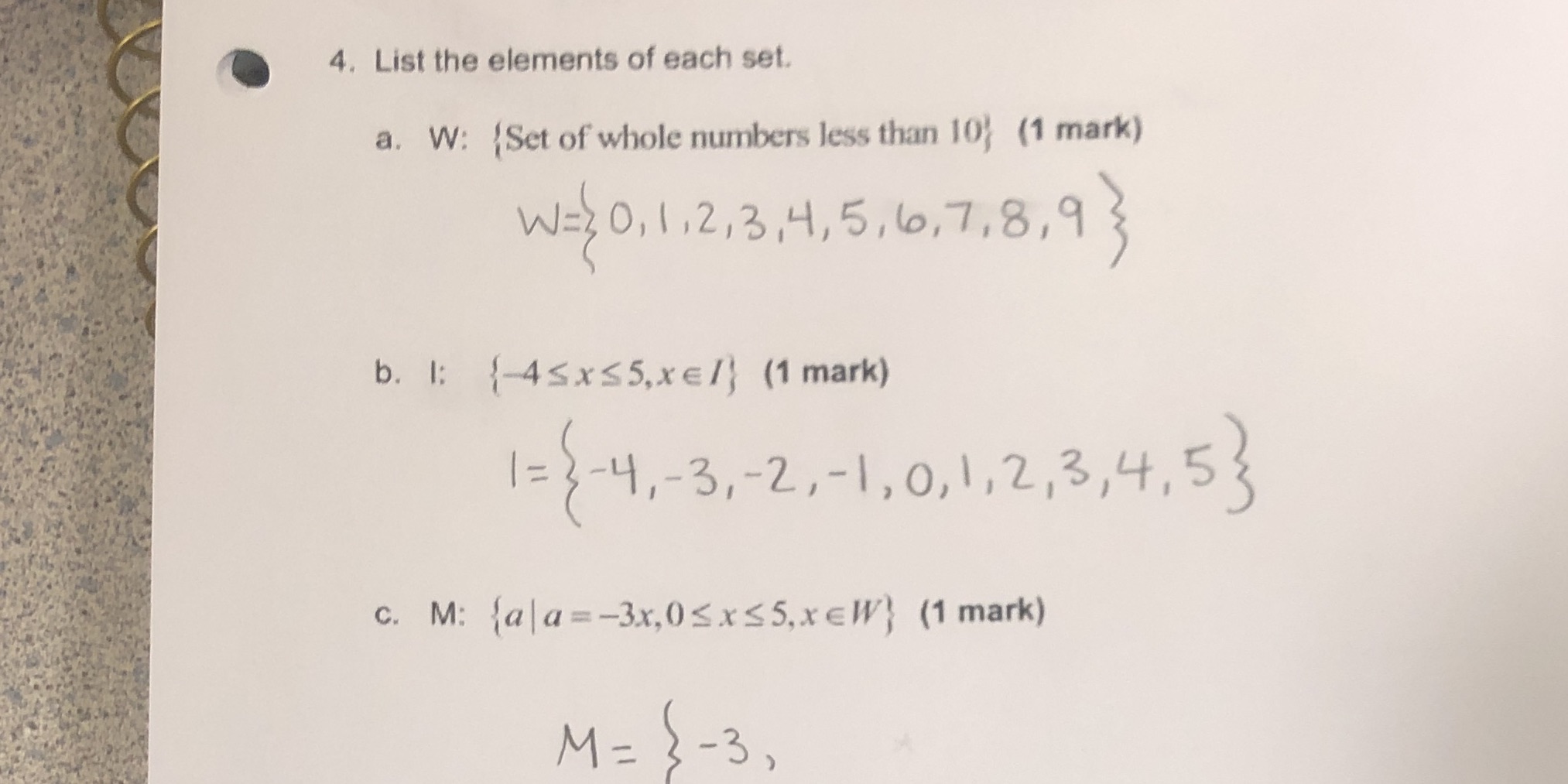 4. List the elements of each set. a. W: Set of