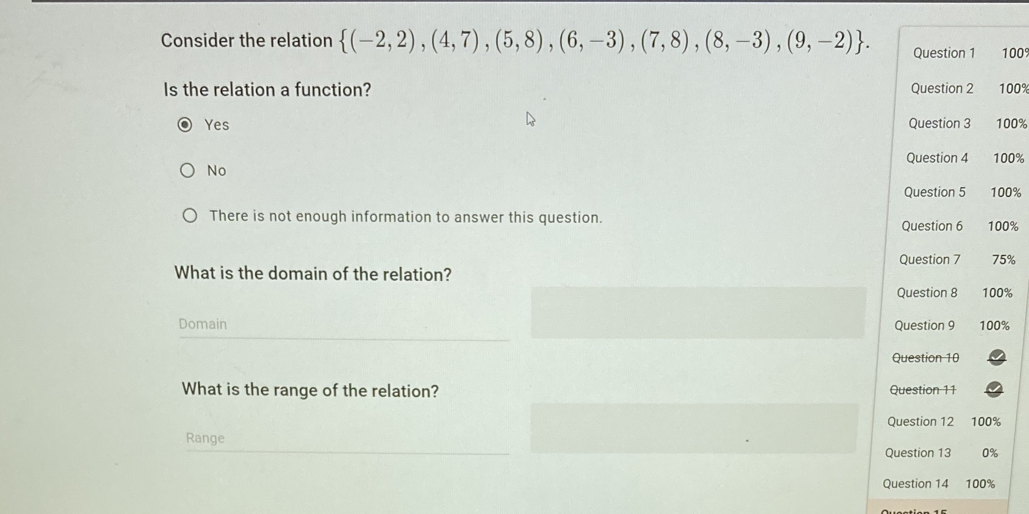Domain and range Consider the relation { (-2, 2)