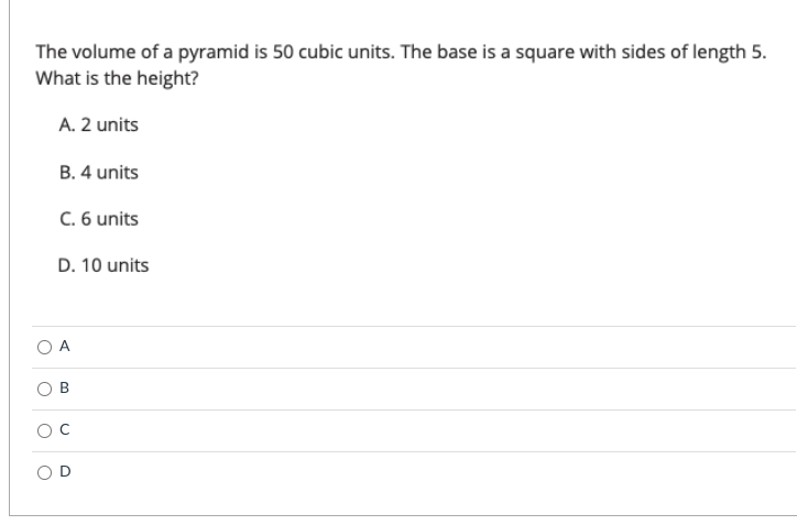 The volume of a pyramid is 50 cubic units. The