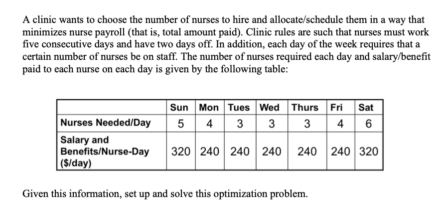 A clinic wants to choose the number of nurses to
