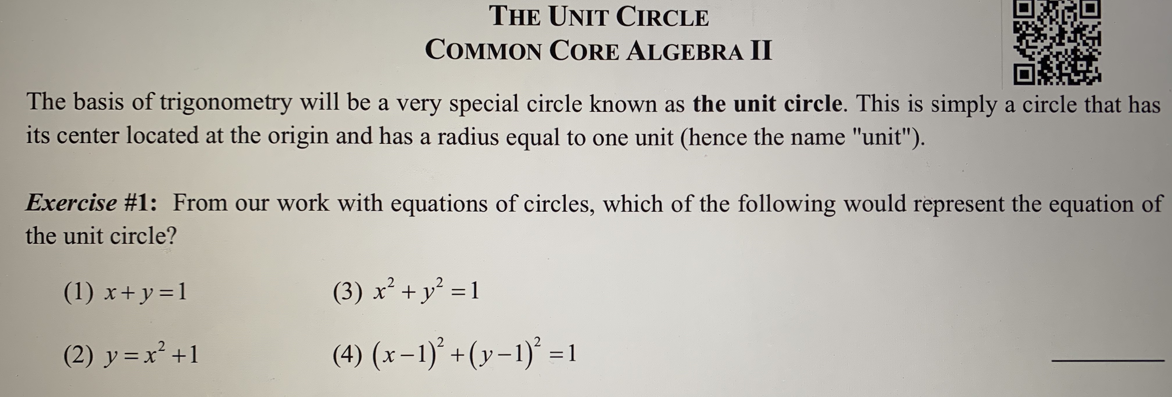 THE UNIT CIRCLE COMMON CORE ALGEBRA II The basis