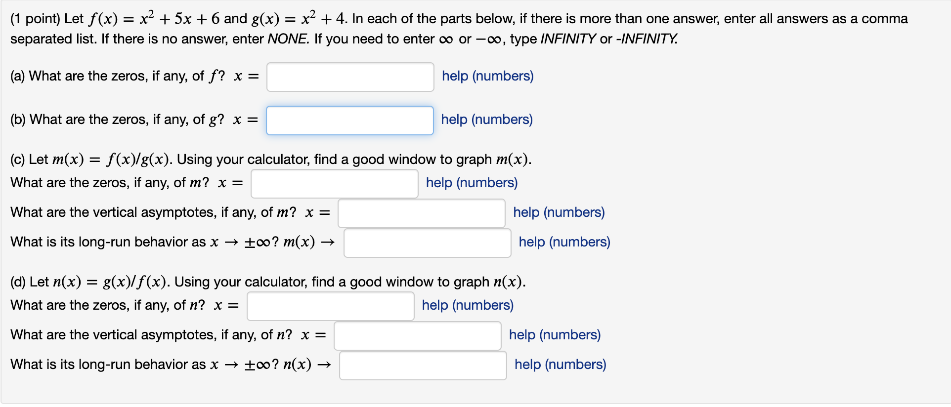 (1 point) Let f(x) = x2 + 5x + 6 and g(x) = x2 +