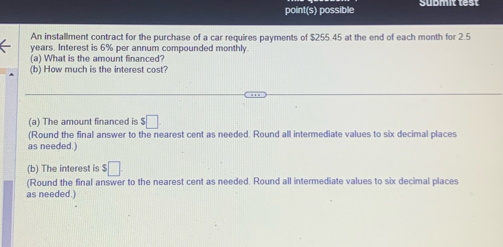 Submit test point(s) possible An installment