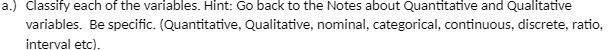 a.) Classify each of the variables. Hint: Go back