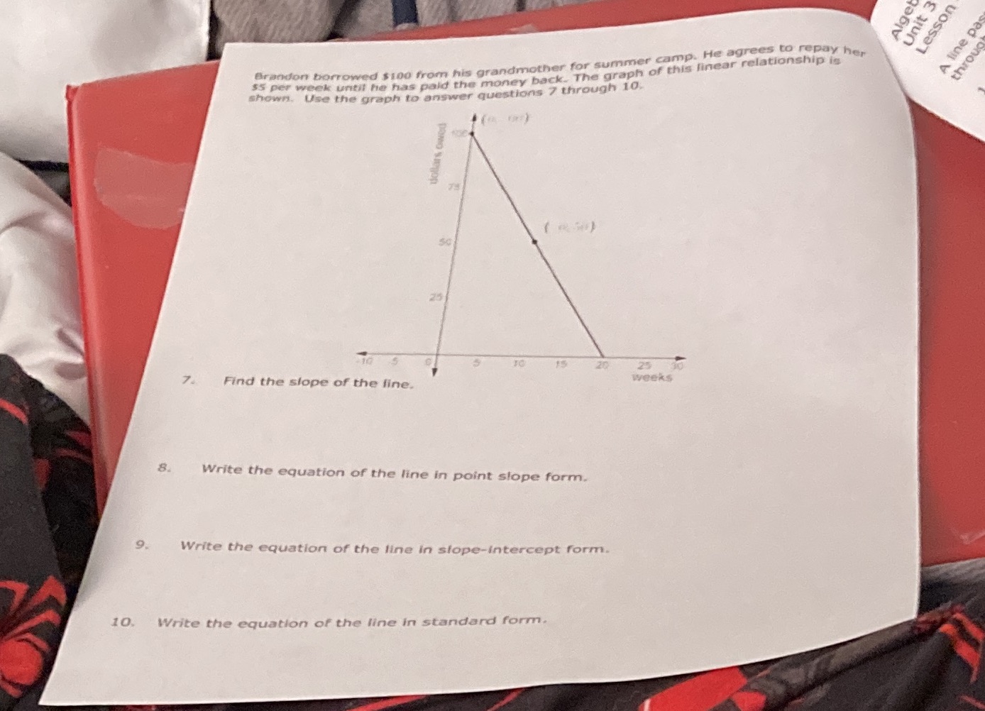 Alget Unit 3 Lesson A line pas through Brandon