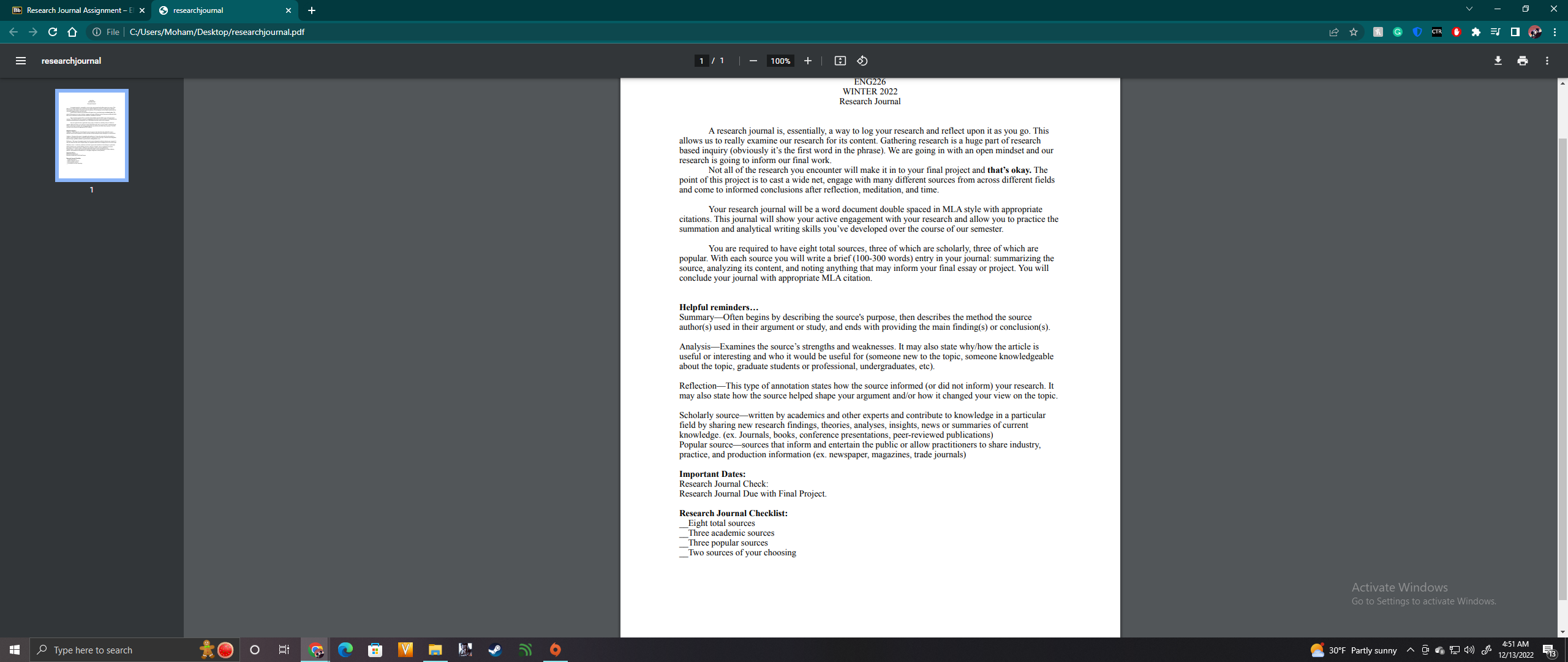 Bb Research Journal Assignment - E X