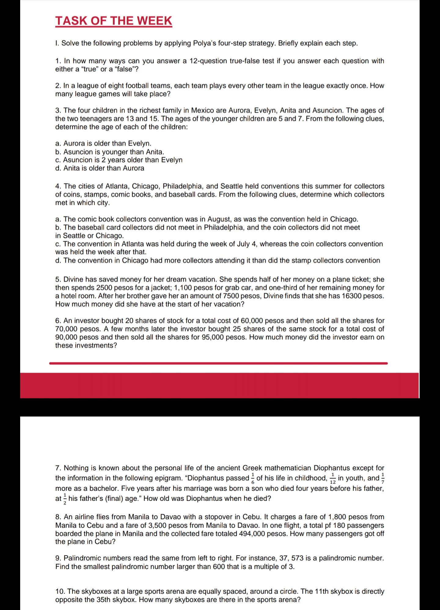 TASK OF THE WEEK |. Solve the following problems