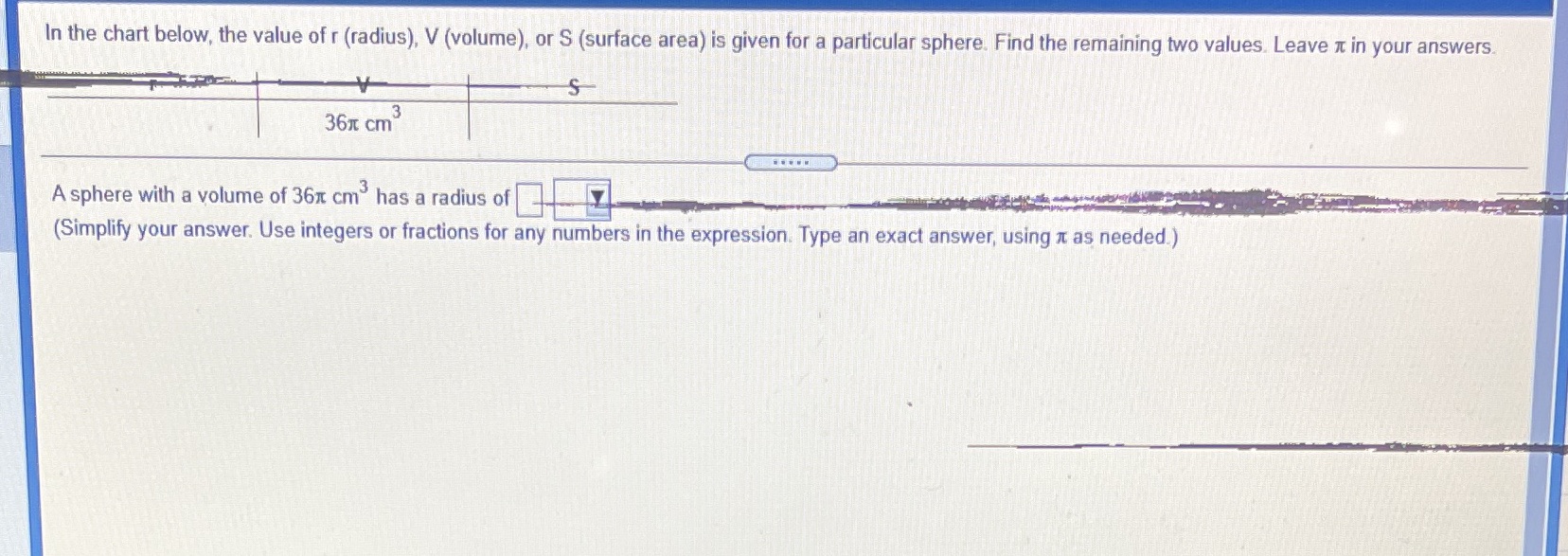 In the chart below, the value of r (radius), V