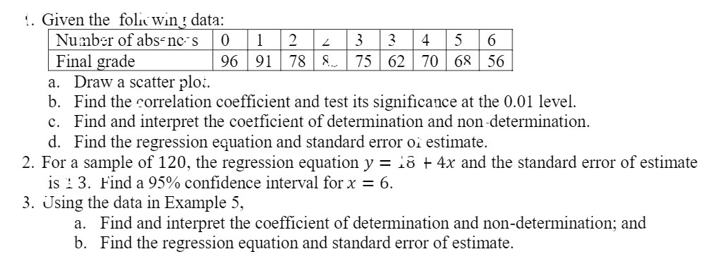 1. Given the following data: Number of absences 0