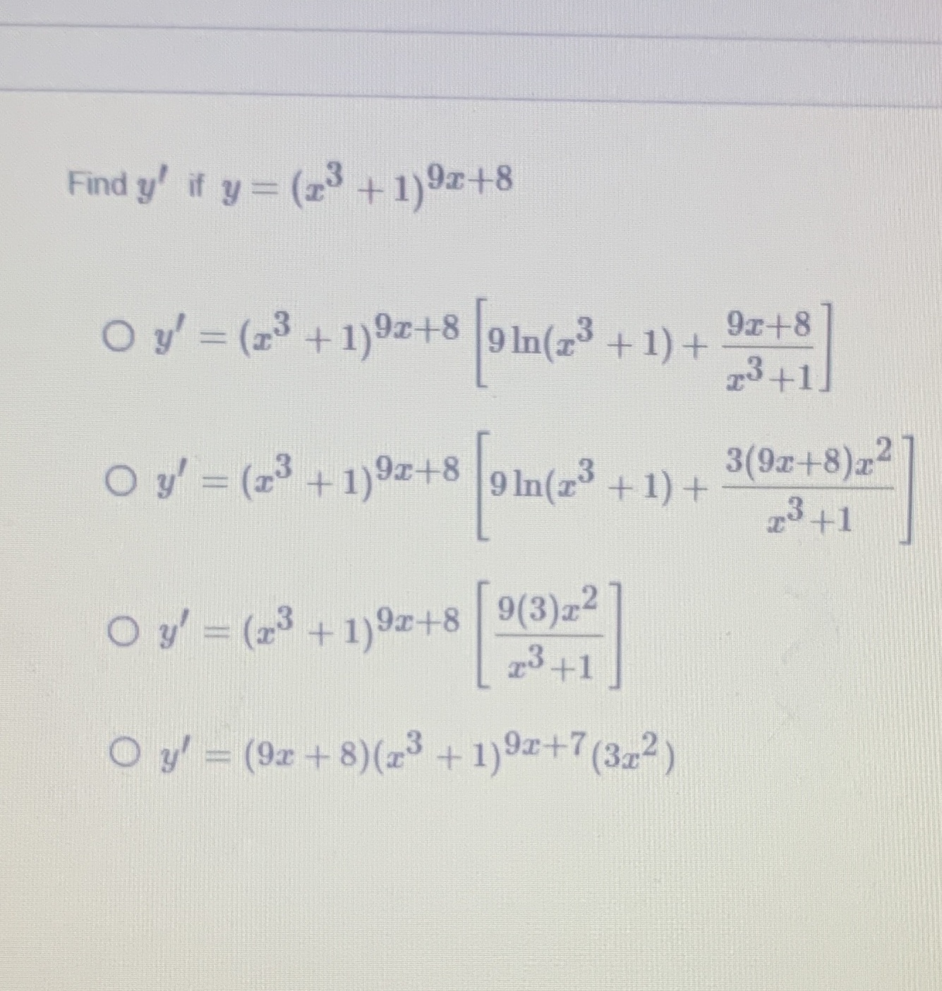 Find y' if y = (x3 + 1)92+8 O y' = (x3