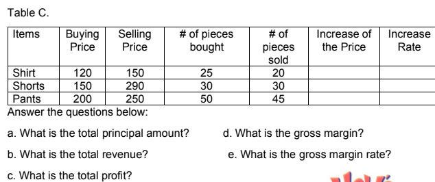 show your solutions, guides are provided Table C.