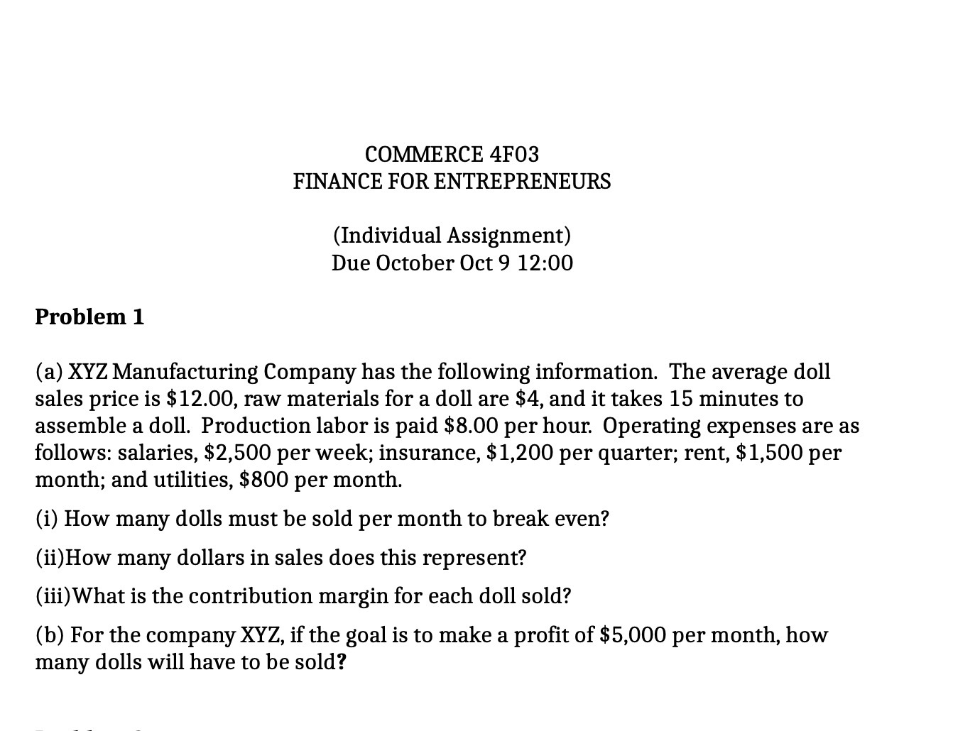 COMMERCE 4F03 FINANCE FOR ENTREPRENEURS