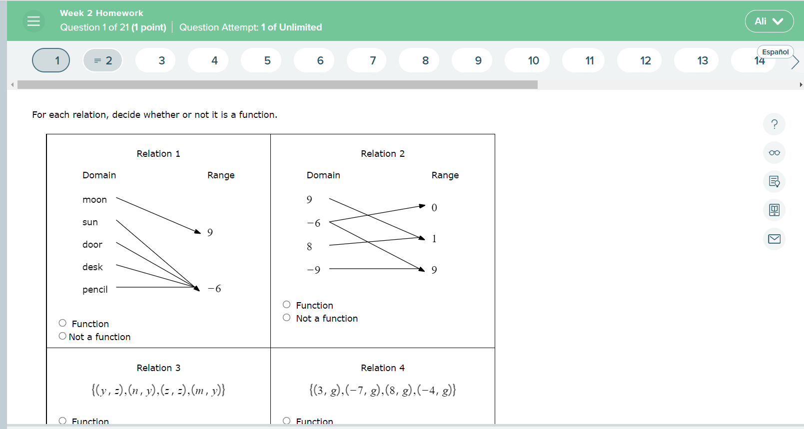 Week 2 Homework : Question 1 of 21 (1 point) l