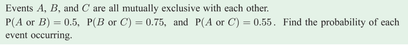 Events A, B, and C are all mutually exclusive