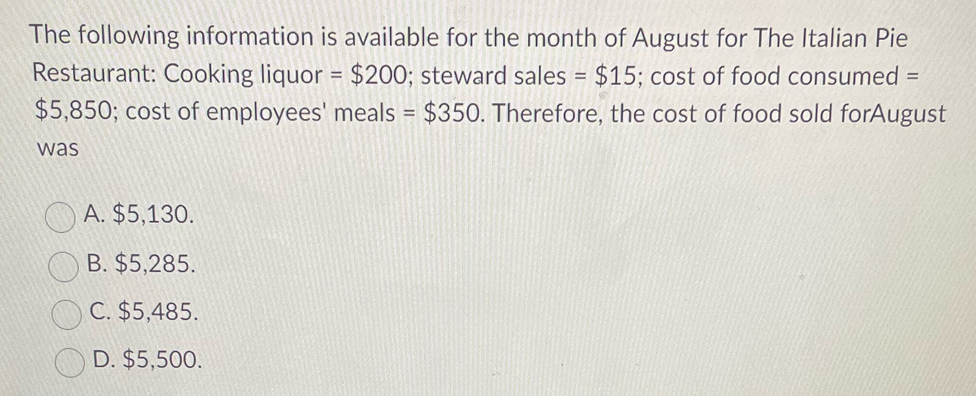 The following information is available for the