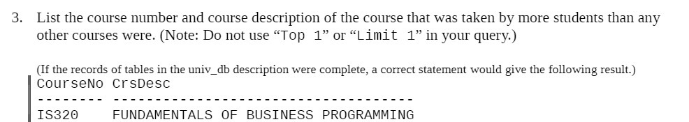 List the course number and course description of