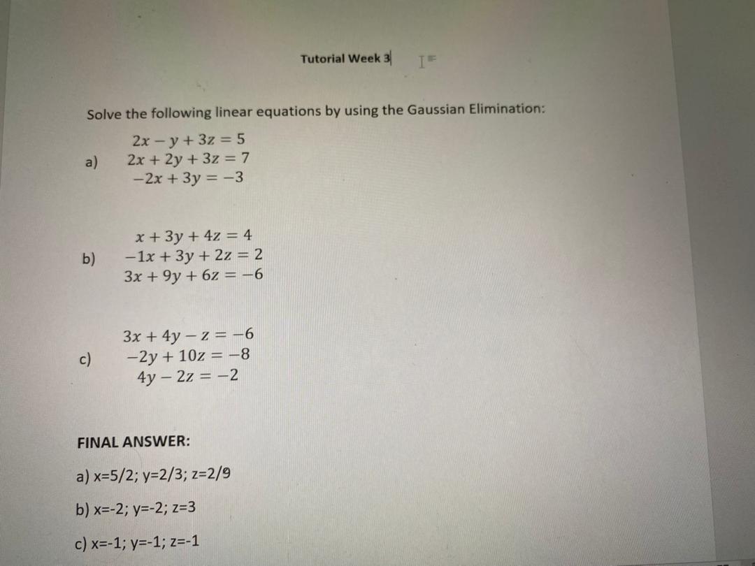 Please solve this questions. Tutorial Week 3 TE
