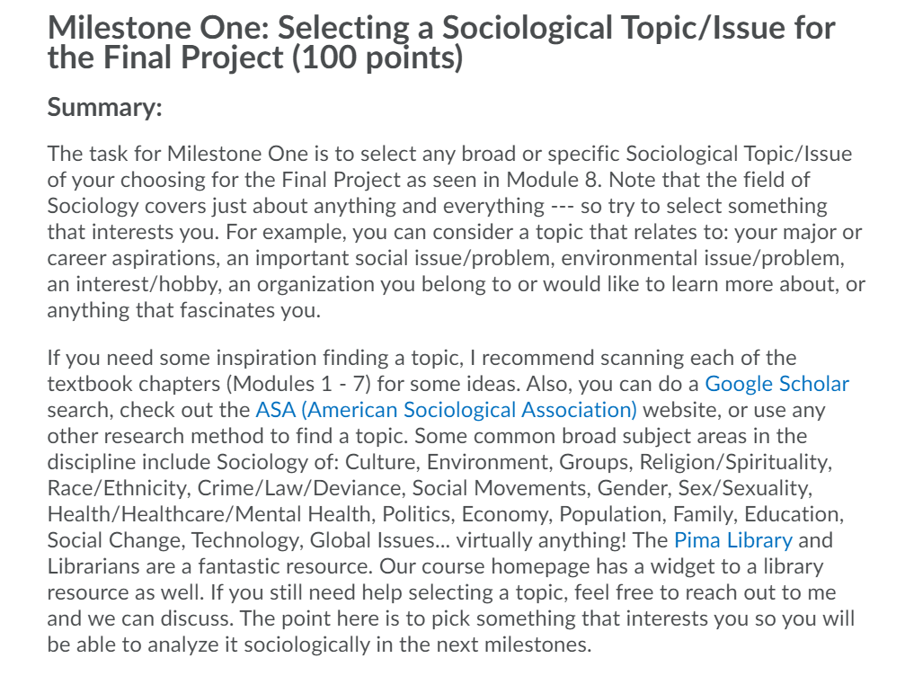 Milestone One: Selecting a Sociological