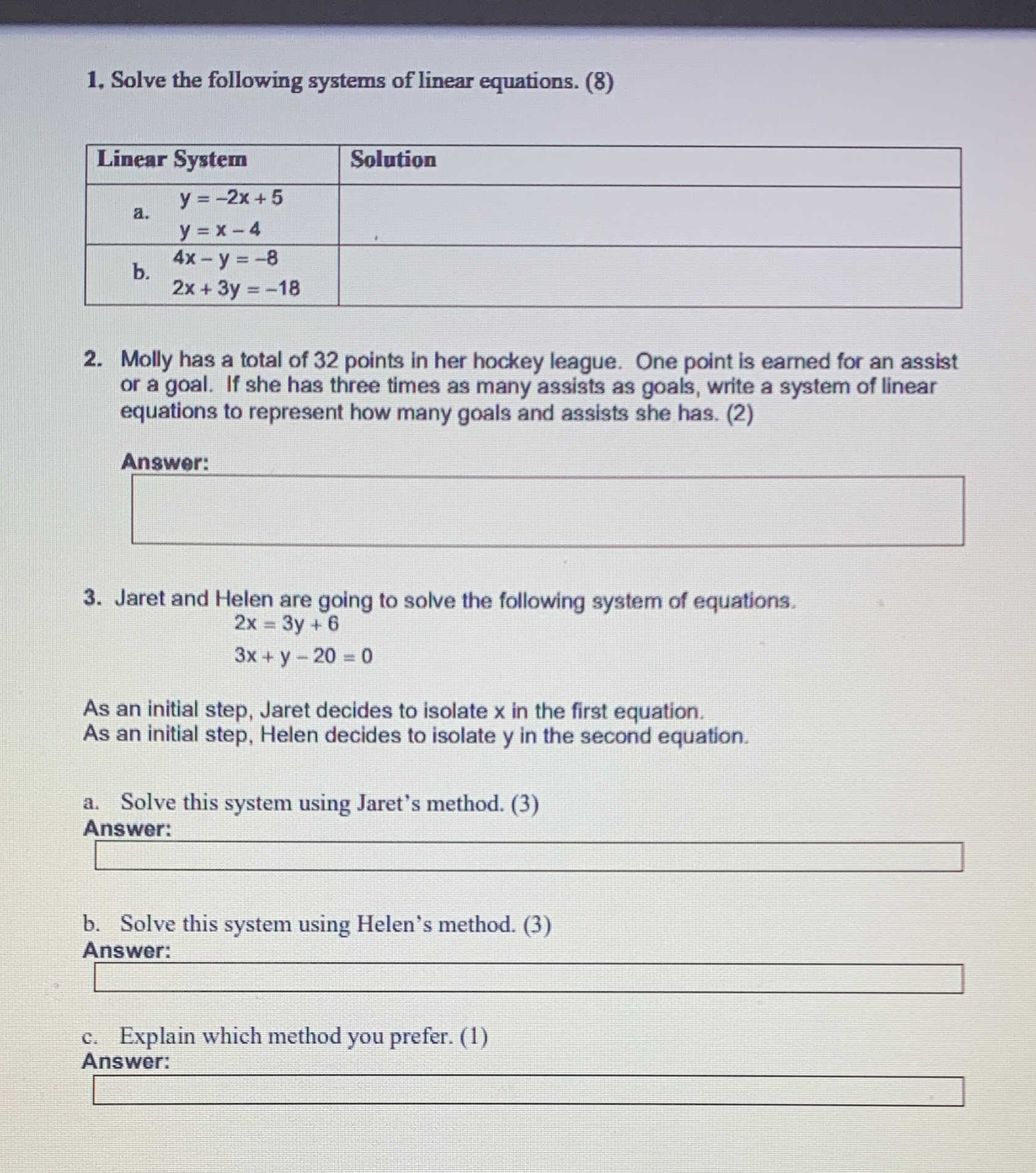 1. Solve the following systems of linear
