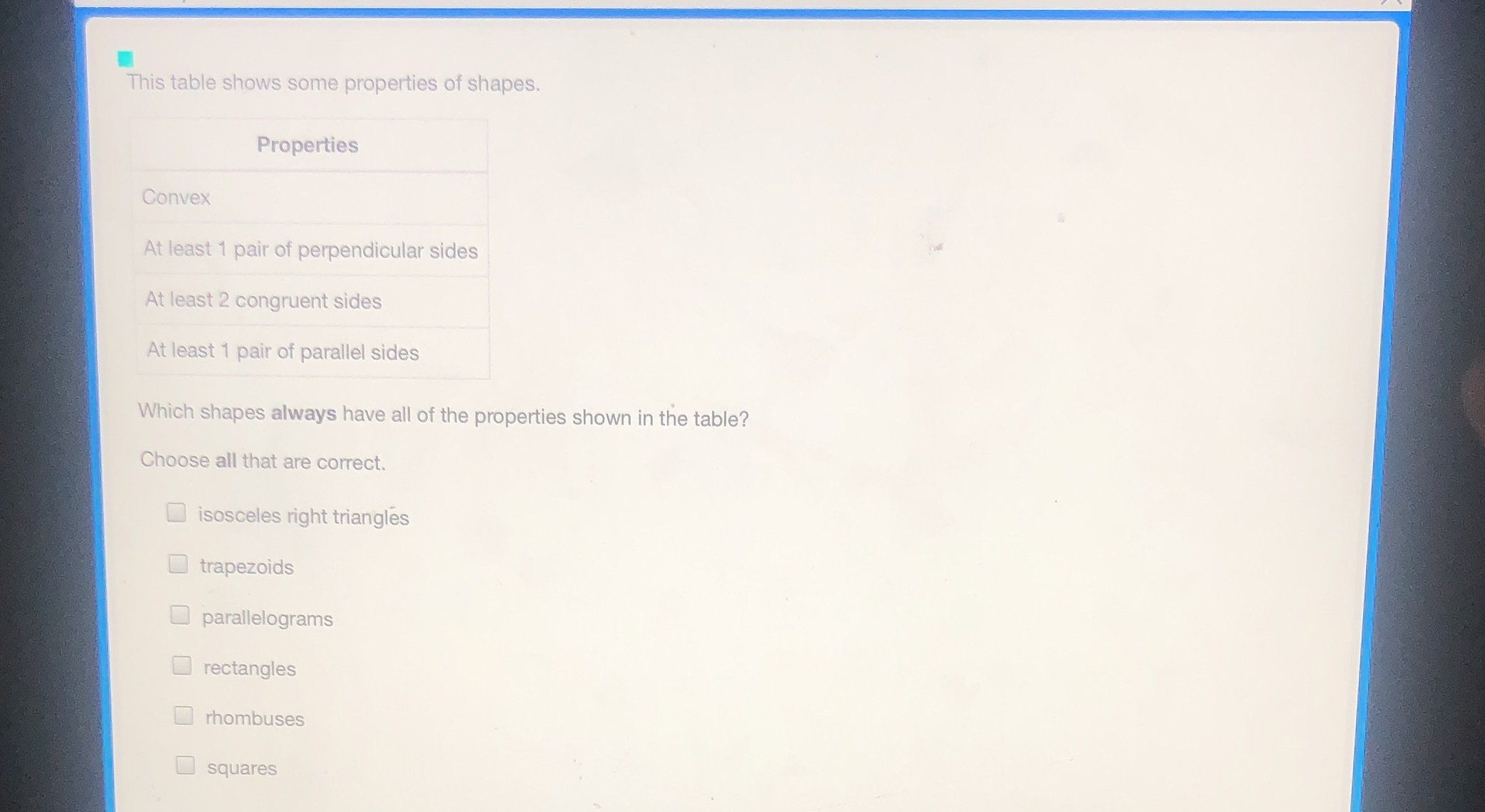 This table shows some properties of shapes.
