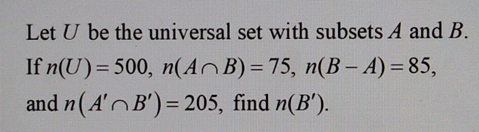 Help! how to find n(B') Let U be the universal