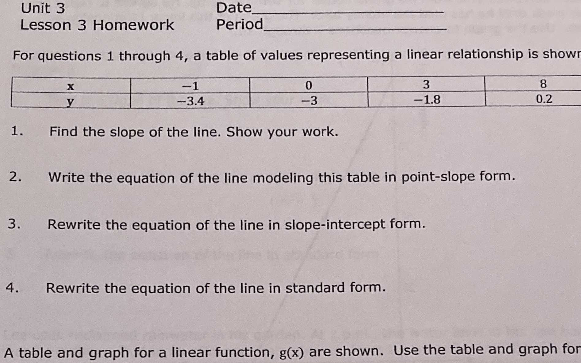 Unit 3 Date Lesson 3 Homework Period For