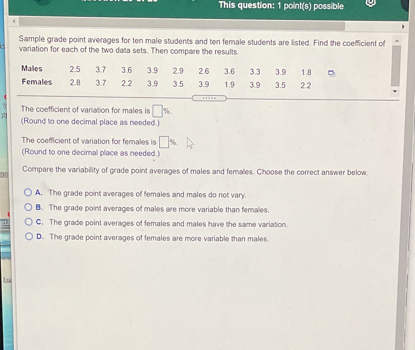 .1 l 1! Sample grade point averages for ten male