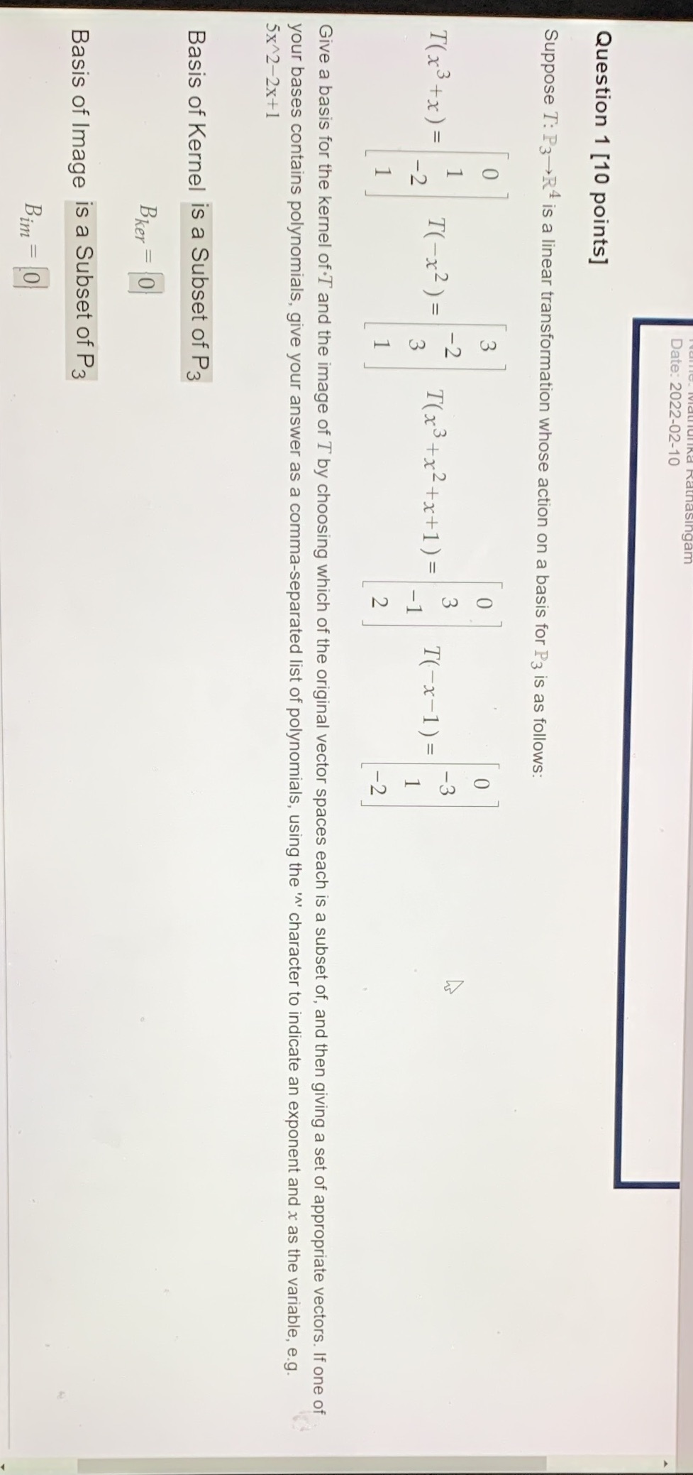 Date: 2022-02-10 Question 1 [10 points] Suppose
