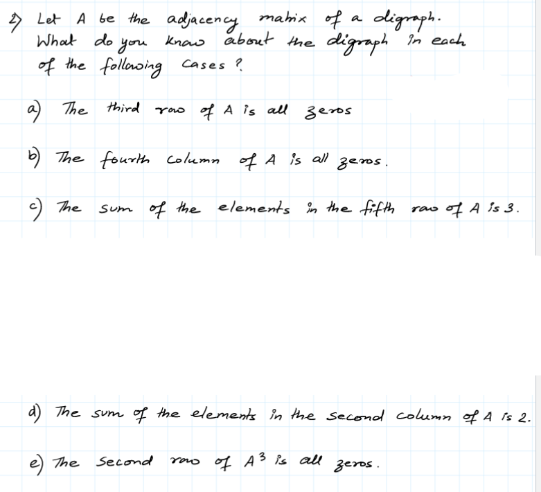 2) Let A be the adjacenty mahix of a digraph.