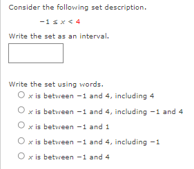 Consider the following set description. 1 s x s: