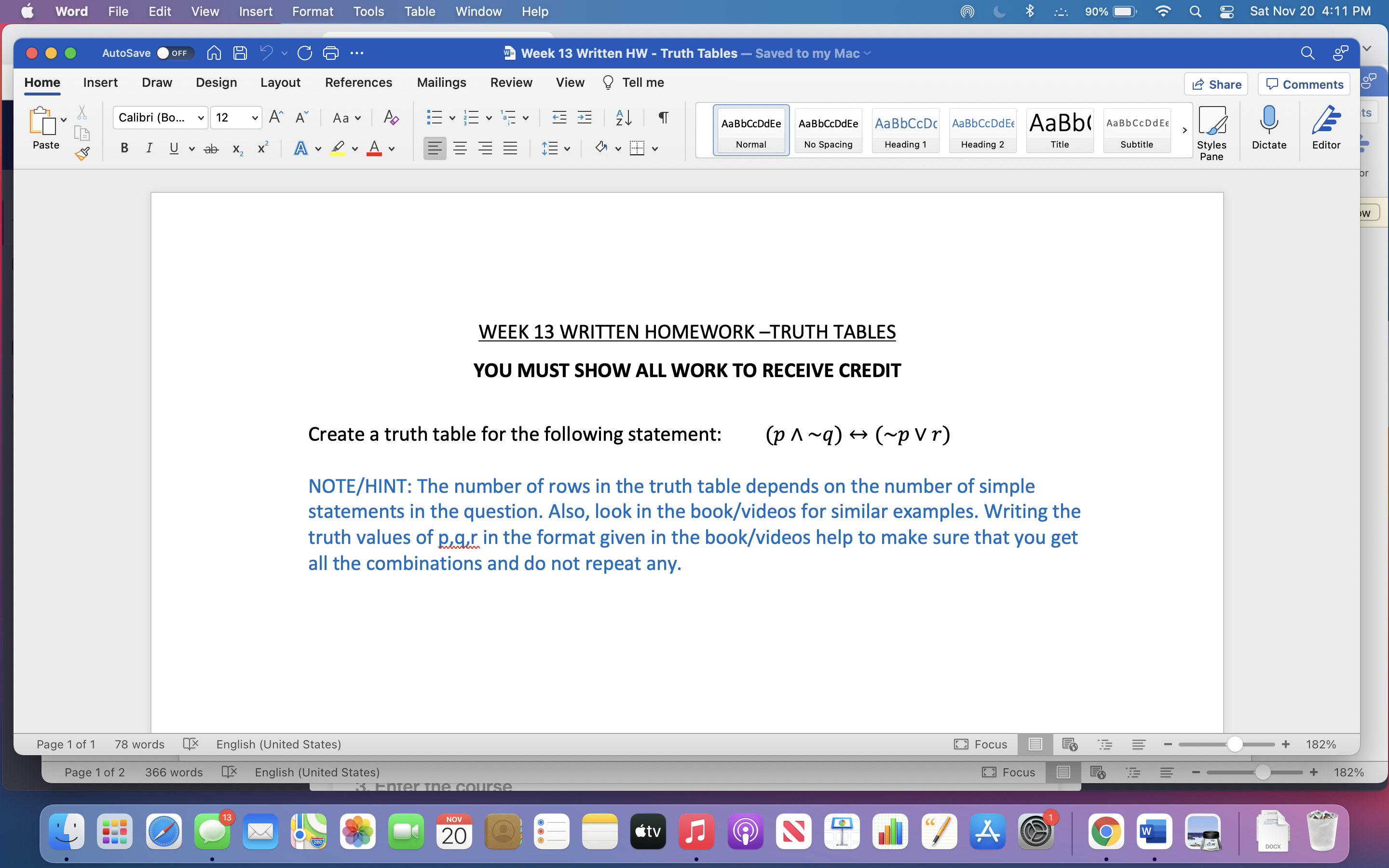 YOU MUST SHOW ALL WORK TO RECEIVE CREDIT Create a