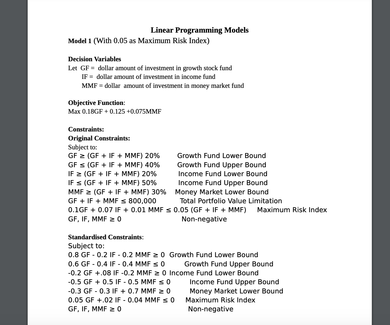 Linear Programming Models Model 1 (With 0.05 as