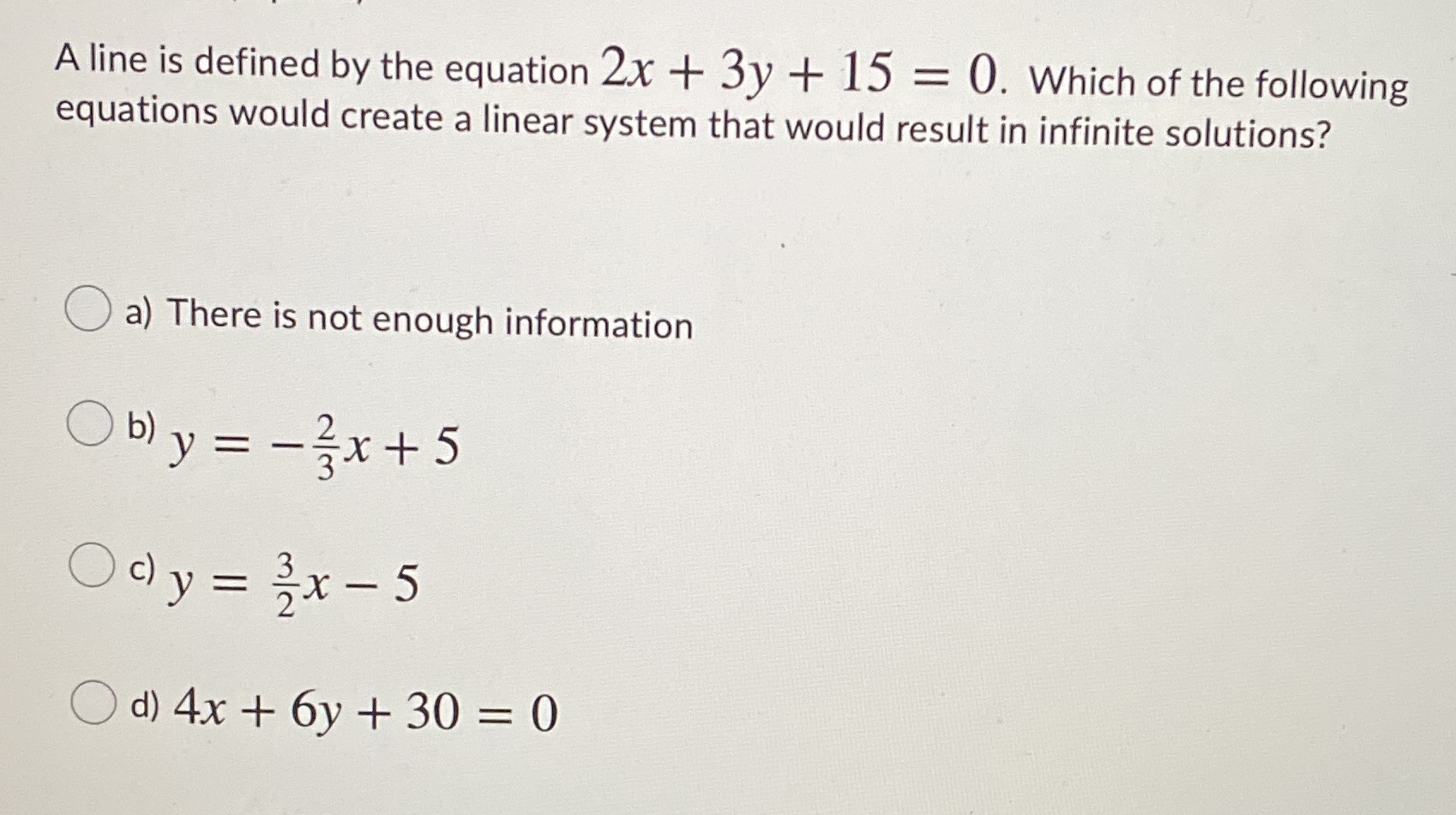 A line is defined by the equation 2x + 3y + 15 =