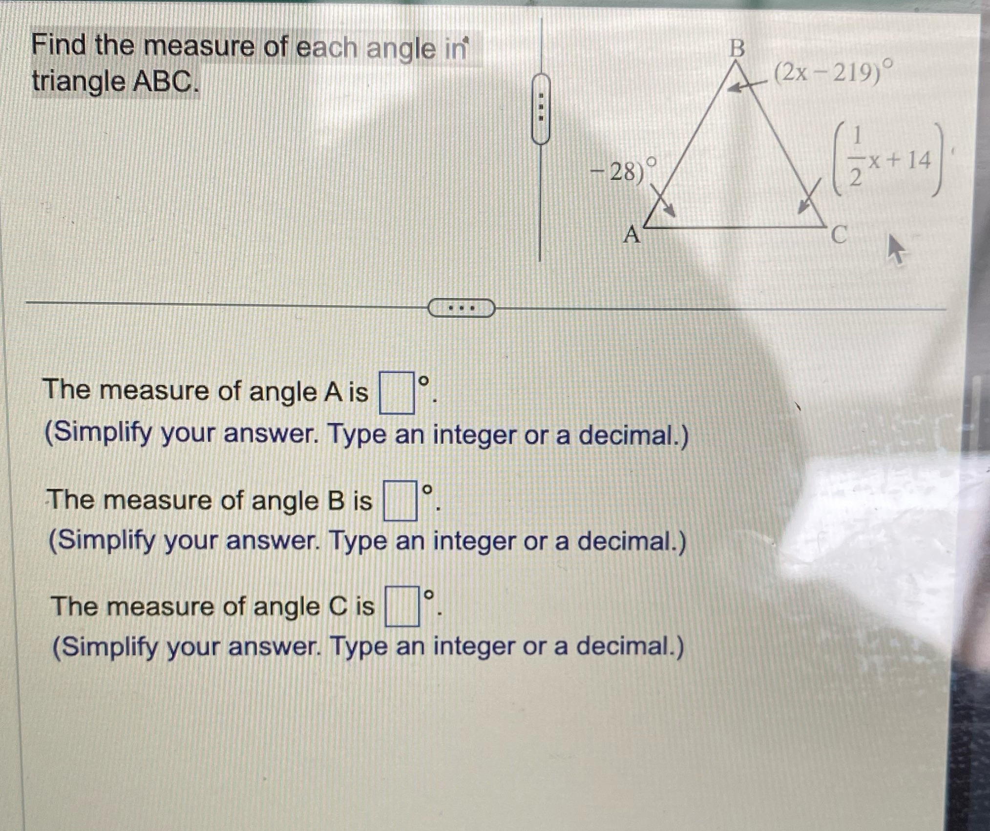 Hast Find the measure of each angle in B triangle