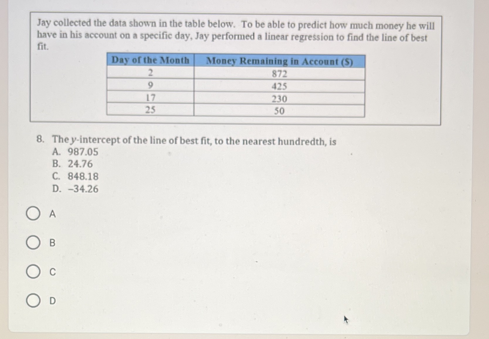 Jay collected the data shown in the table below.