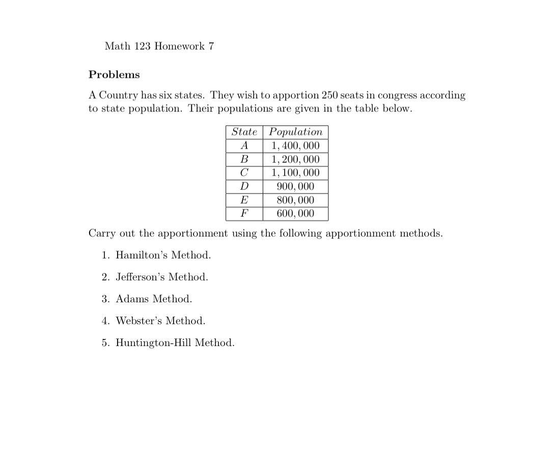 Math 123 Homework 7 Problems A Country has six