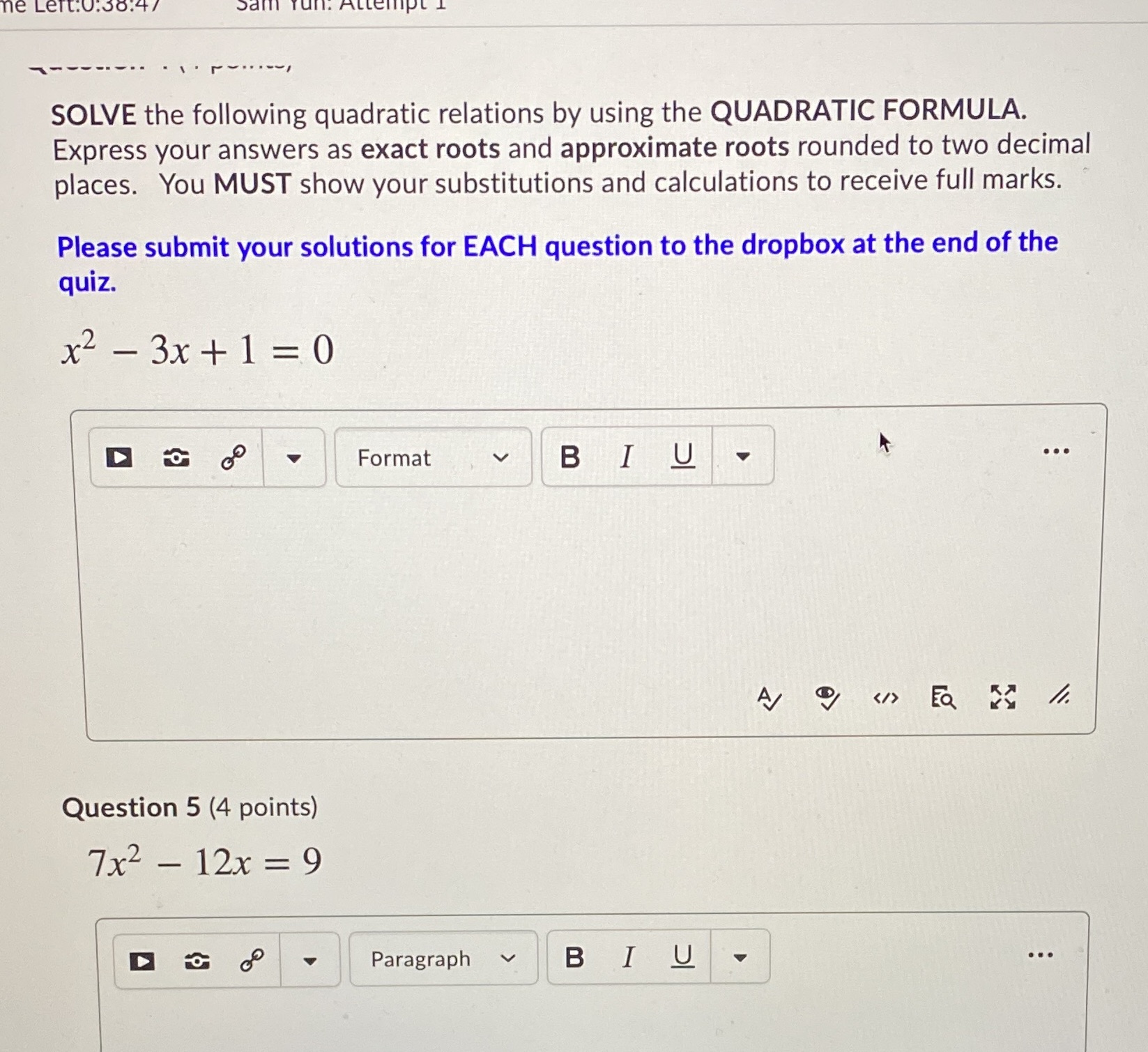 he Left: SOLVE the following quadratic relations