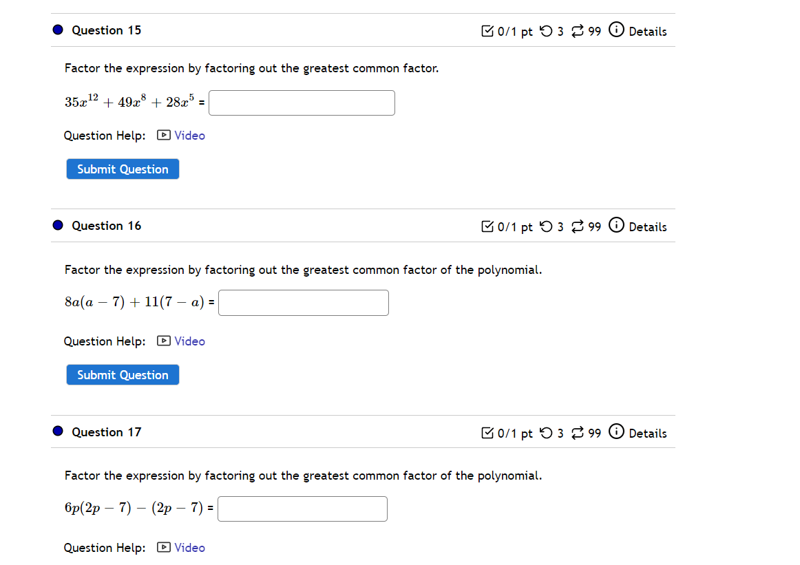 Question 1 0/1 pt 0 3 2 99 0 Details Factor the