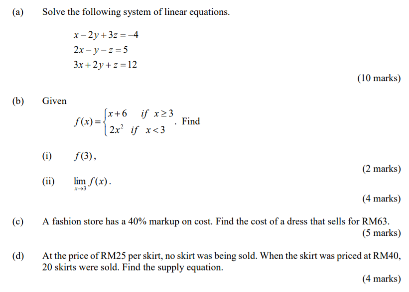 (a) (b) (e) (d) Solve the following system of