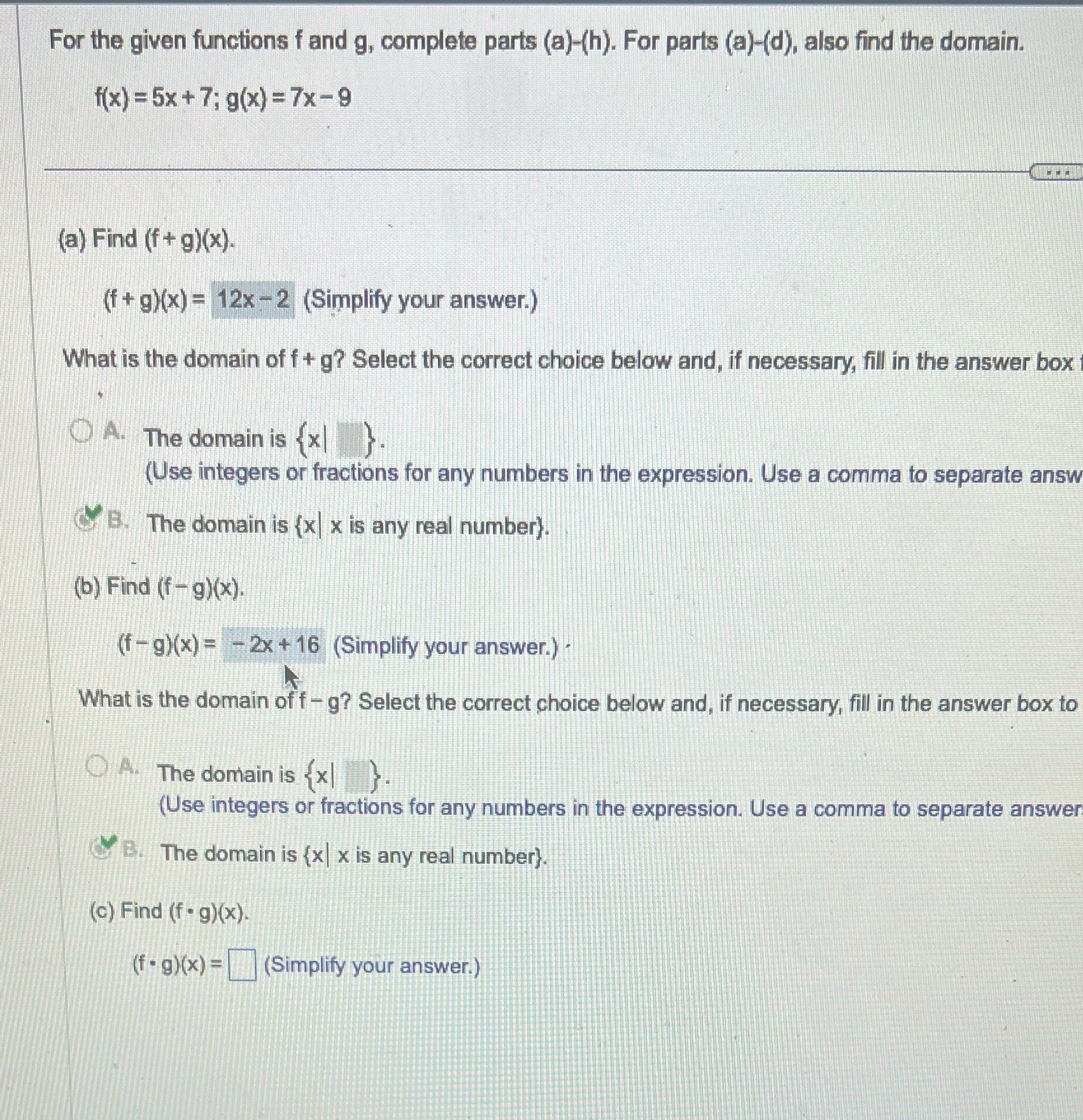 For the given functions f and g, complete parts