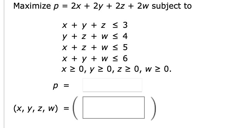 1. \fMaximize p = 3x + 6y + 3z + 6w + 3v subject