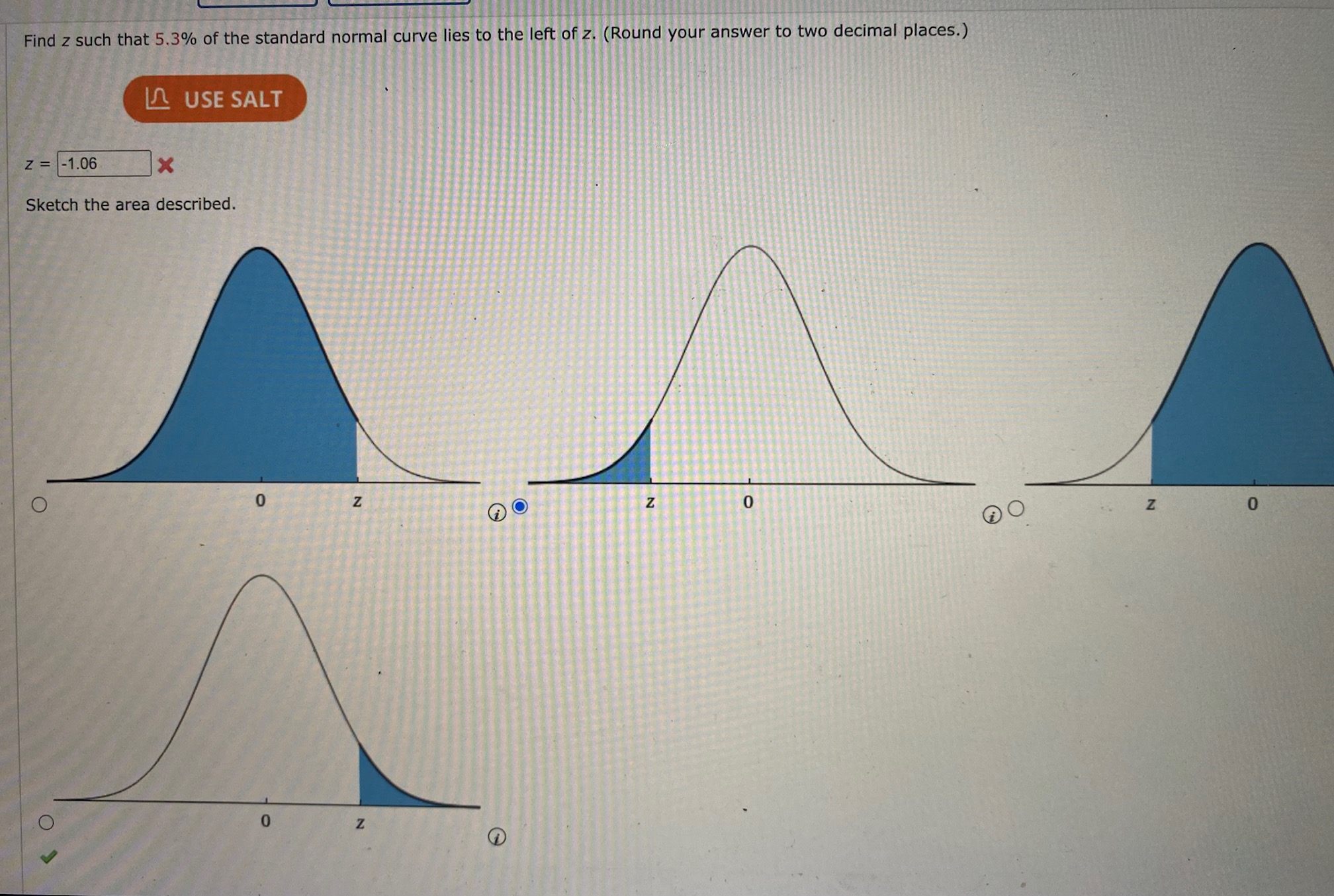 Find z such that 5.3% of the standard normal