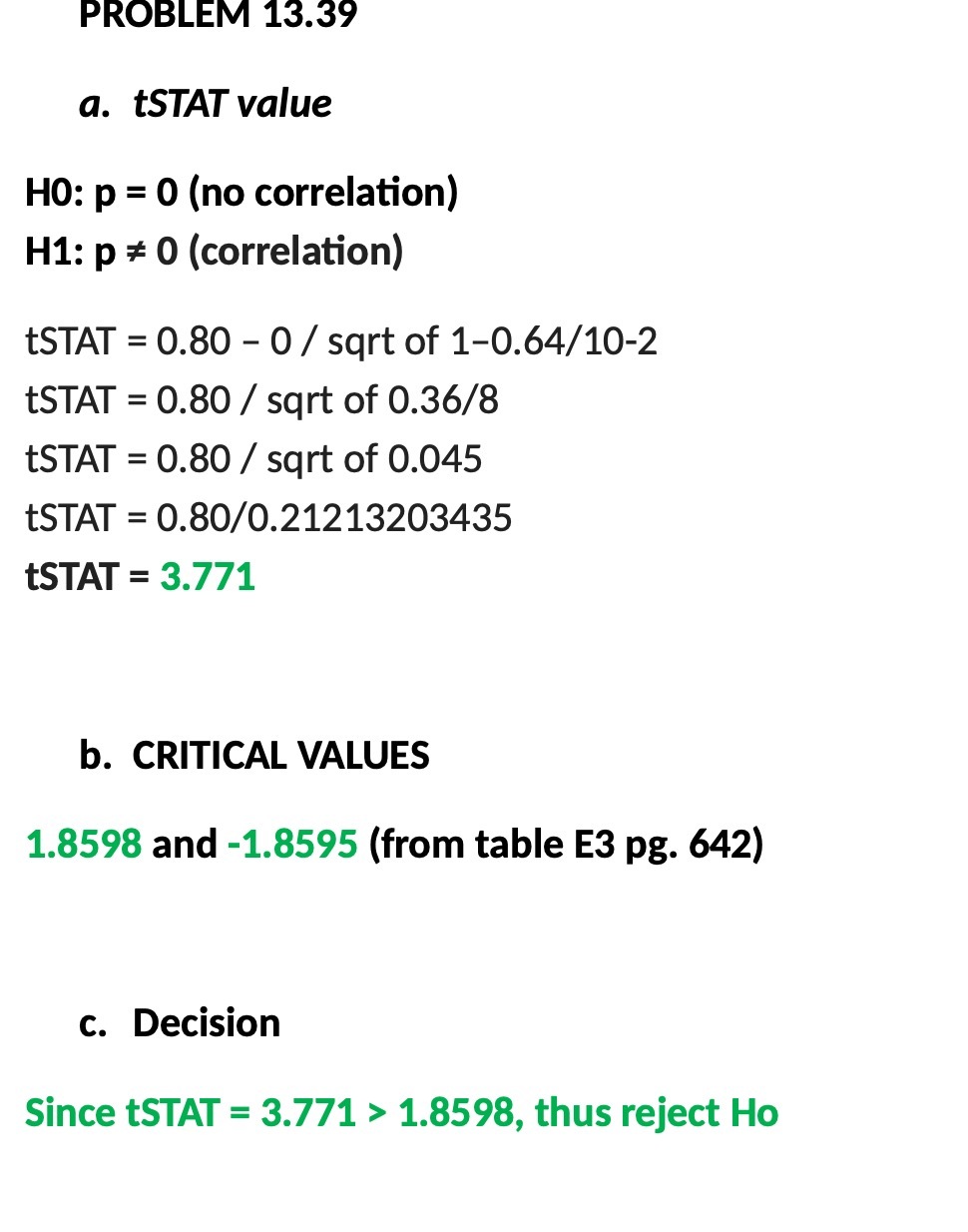 PROBLEM 13.39 a. tSTAT value HO: p = 0 (no