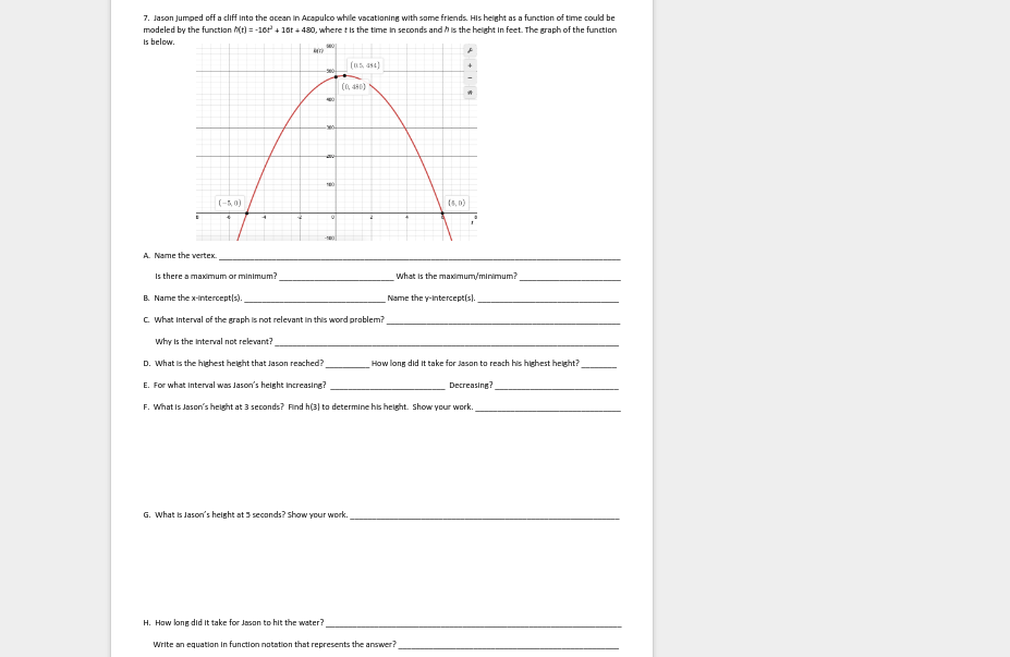 Analyzing Parabolas Name _ 1. Determine each and