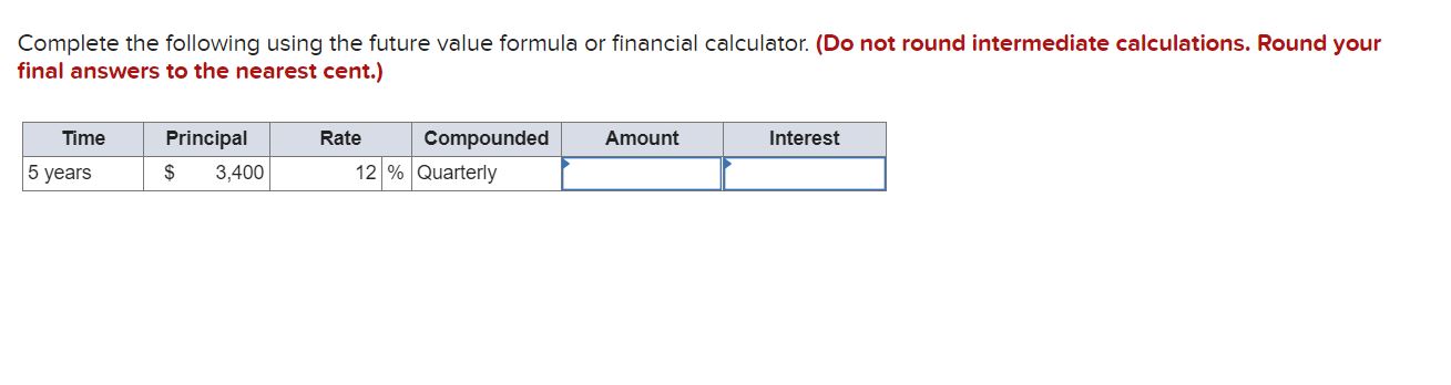 Complete the following using the future value